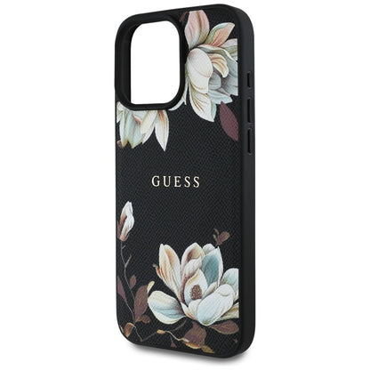 Guess Grūdėtas spausdintas gėlių raštas MagSafe dėklas iPhone 16 Pro (juodas)