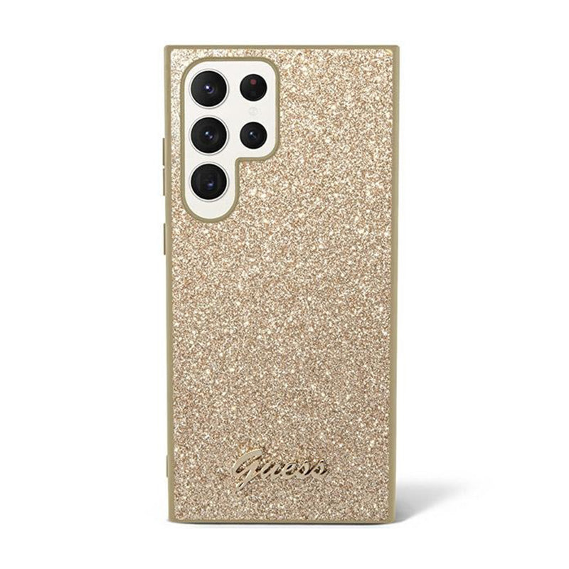 Guess Blizgučių ir Metalinio Logotipo Dėklas - Dėklas skirtas Samsung Galaxy S24 Ultra (Auksas)