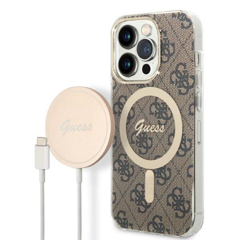 Guess Bundle Pack MagSafe 4G - Dėklų rinkinys, skirtas iPhone 14 Pro Max + MagSafe įkroviklis (Ruda/Auksinė)