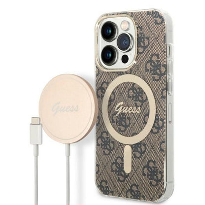 Guess Bundle Pack MagSafe 4G - Dėklų rinkinys, skirtas iPhone 14 Pro Max + MagSafe įkroviklis (Ruda/Auksinė)
