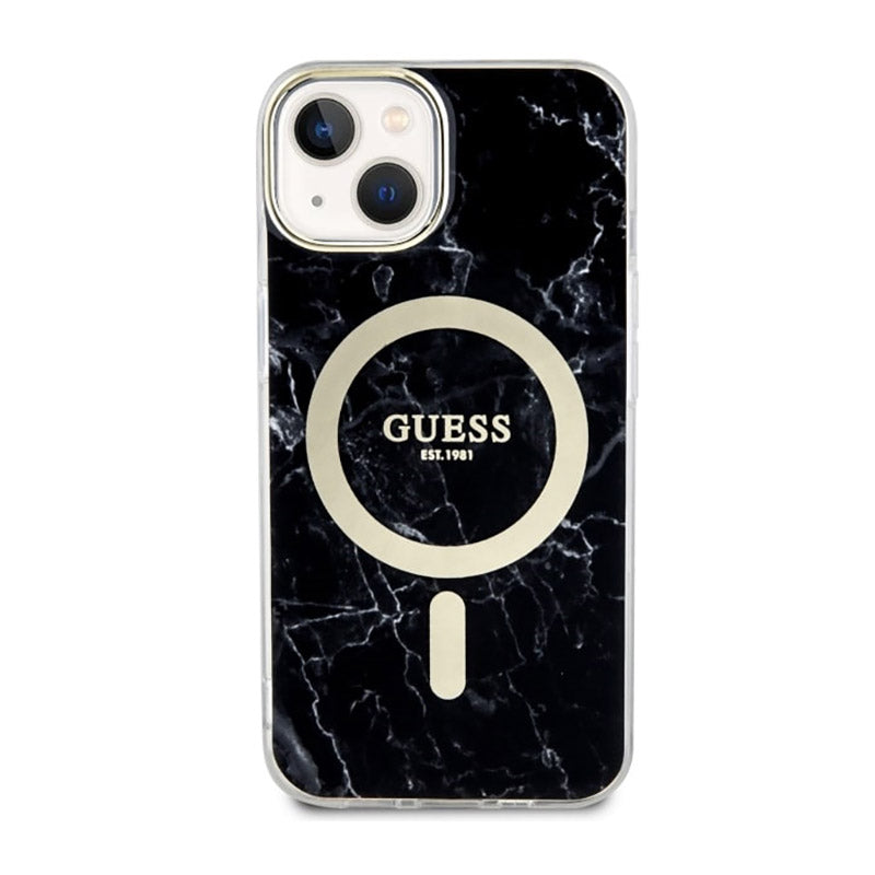 Guess Marble MagSafe – dėklas „iPhone 14 Plus“ (juodas)