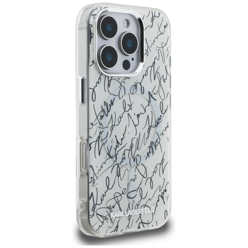 Karl Lagerfeld IML Karl Script Raštas MagSafe Dėklas, skirtas iPhone 16 Pro Max (baltas)