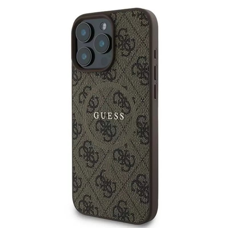 Guess 4G žiedas klasikinis logotipas MagSafe – dėklas skirtas iPhone 16 Pro (rudas)