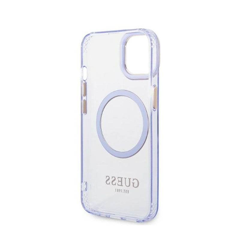 Guess Gold Outline permatomas MagSafe - „iPhone 14“ dėklas (violetinė)