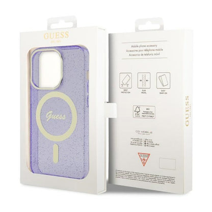 Guess Glitter Gold MagSafe – dėklas, skirtas iPhone 14 Pro Max (Violetinė)