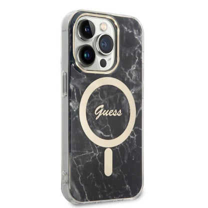 Guess Bundle Pack MagSafe IML Marble – Dėklų rinkinys, skirtas iPhone 14 Pro Max + MagSafe įkroviklis (juoda / aukso)