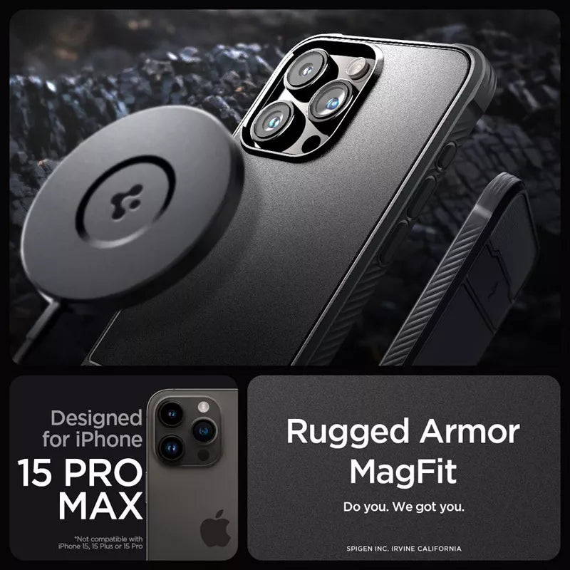 Spigen Rugged Armor Mag MagSafe – dėklas, skirtas iPhone 15 Pro Max (matinė juoda)
