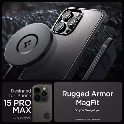 Spigen Rugged Armor Mag MagSafe – dėklas, skirtas iPhone 15 Pro Max (matinė juoda)