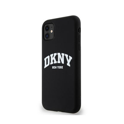 DKNY Skysto silikono dėklas su baltu logotipu, MagSafe, skirtas iPhone 11 (juodas)