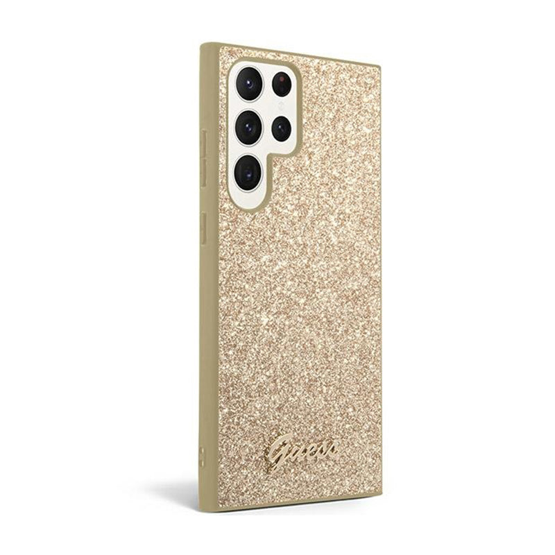 Guess Blizgučių ir Metalinio Logotipo Dėklas - Dėklas skirtas Samsung Galaxy S24 Ultra (Auksas)