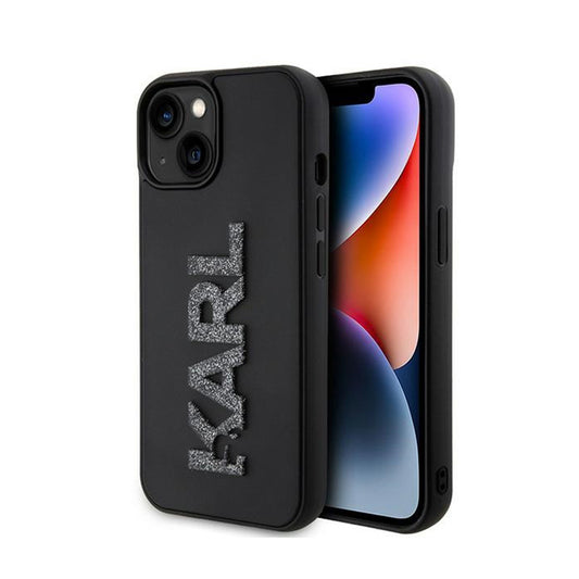 Karl Lagerfeld 3D guminių blizgučių logotipo dėklas, skirtas iPhone 15 Plus (Juodas)
