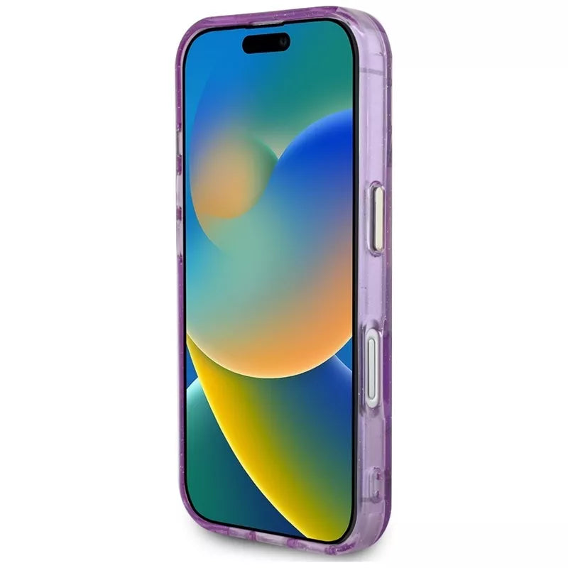 Guess Glitter Flowers Triangle Buttons MagSafe – dėklas, skirtas iPhone 16 (violetinė)