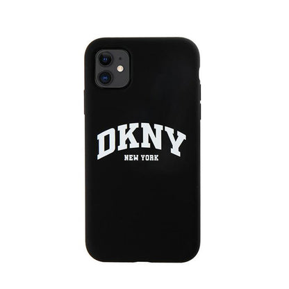 DKNY Skysto silikono dėklas su baltu logotipu, MagSafe, skirtas iPhone 11 (juodas)