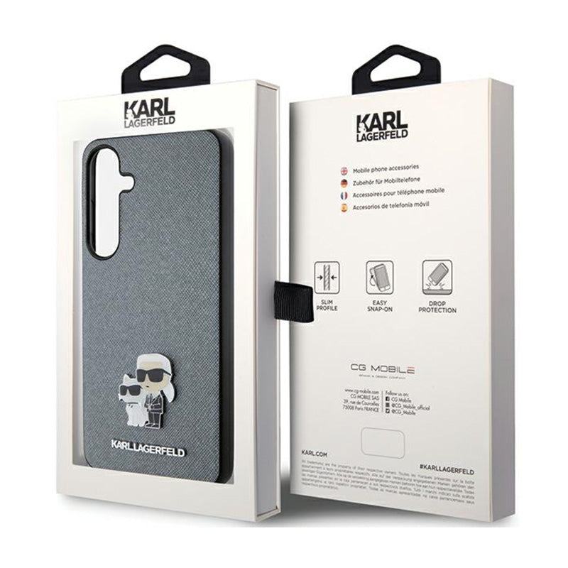 Karl Lagerfeld Saffiano Karl & Choupette Metal Pin - Samsung Galaxy S24 dėklas (pilkas)