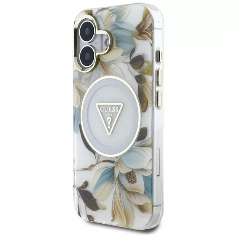 Guess Glitter Flowers Triangle Buttons MagSafe – Dėklas, skirtas iPhone 16 (baltas)