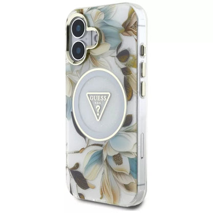 Guess Glitter Flowers Triangle Buttons MagSafe – Dėklas, skirtas iPhone 16 (baltas)