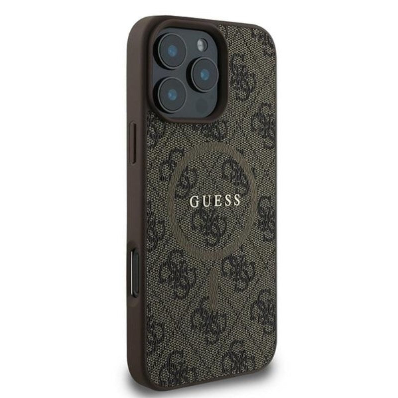 Guess 4G žiedas klasikinis logotipas MagSafe – dėklas skirtas iPhone 16 Pro (rudas)