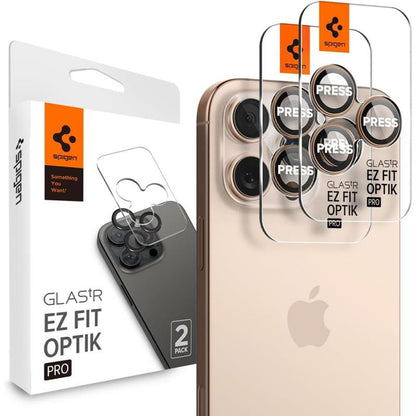 Spigen Optik Pro GLAS.TR EZ Fit objektyvo apsauga, skirta iPhone 16 Pro / 16 Pro Max (2 vnt.) (Desert Titanium)