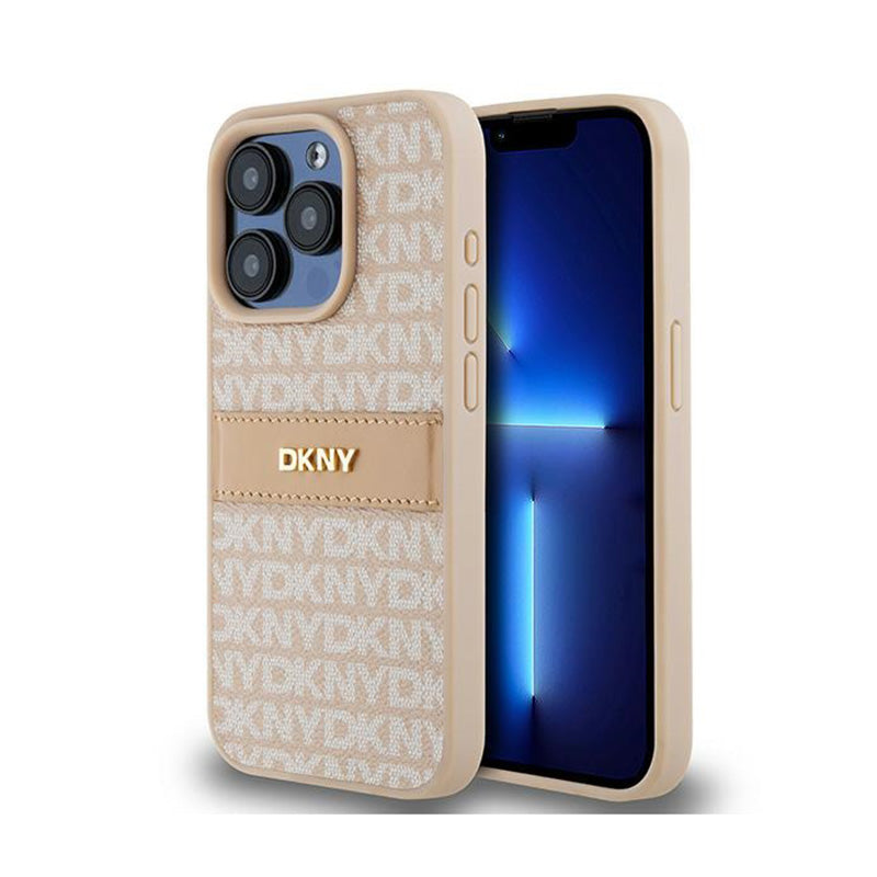 DKNY odos dėklas su vienspalve juostele ir metaliniu logotipu – iPhone 15 Pro (rožinis)