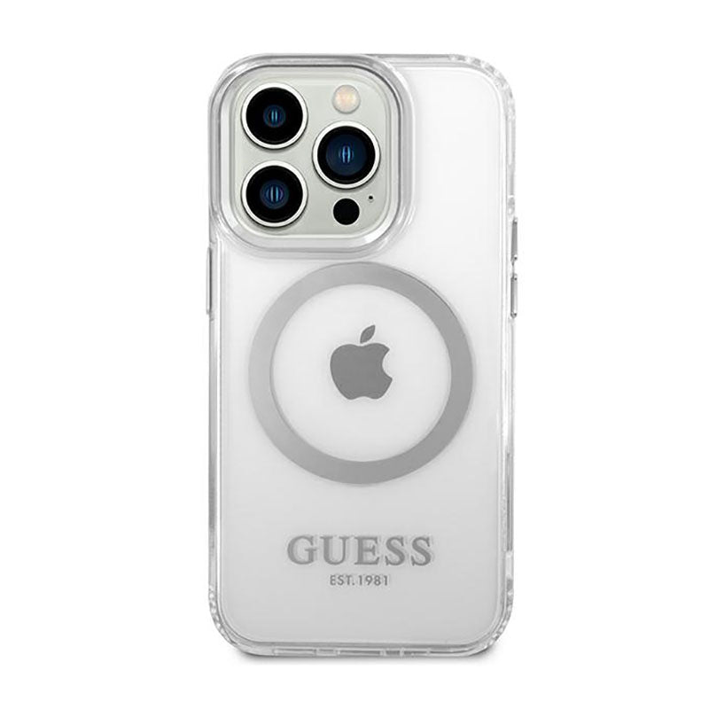 Guess Metal Outline MagSafe – dėklas, skirtas iPhone 14 Pro (permatomas)