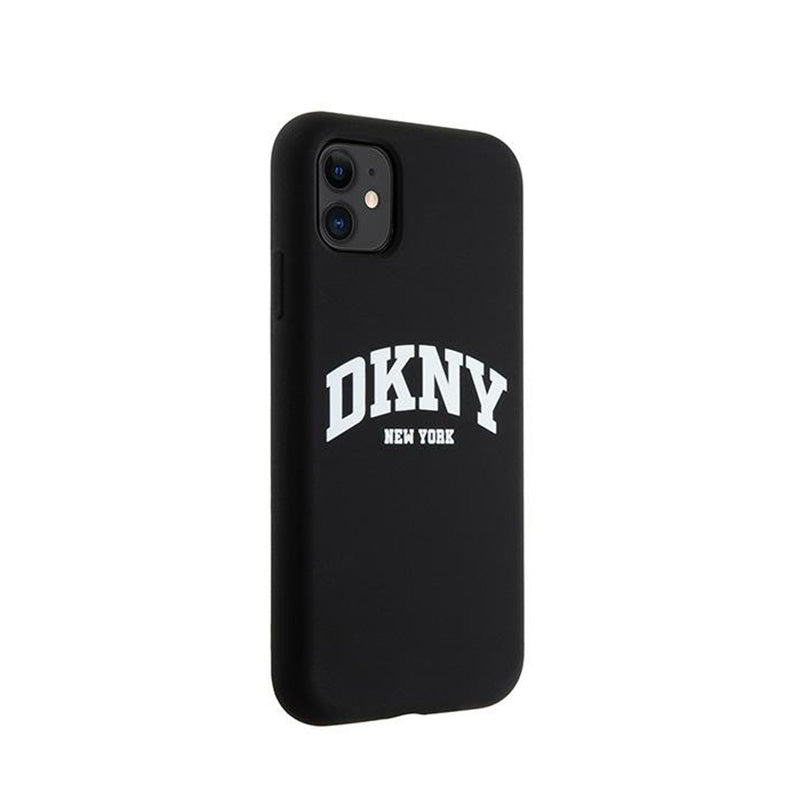DKNY Skysto silikono dėklas su baltu logotipu, MagSafe, skirtas iPhone 11 (juodas)
