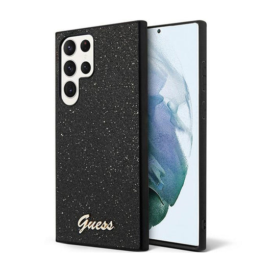 Guess Glitter Flakes Metal Logo dėklas – dėklas, skirtas Samsung Galaxy S24 Ultra (juoda)