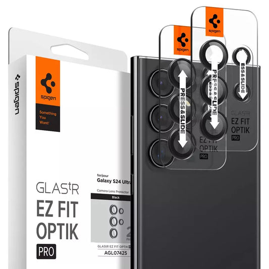 Spigen Optik Pro GLAS.TR EZ Fit fotoaparato apsauga (2 vnt.) – objektyvo apsauginis stiklas, skirtas Samsung Galaxy S24 Ultra (2 vnt.) (juoda)