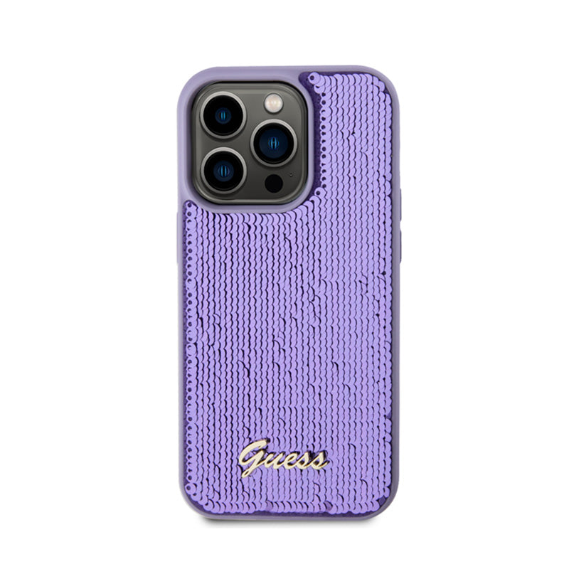 Guess Sequin Script Metal – dėklas, skirtas iPhone 15 Pro (violetinis)