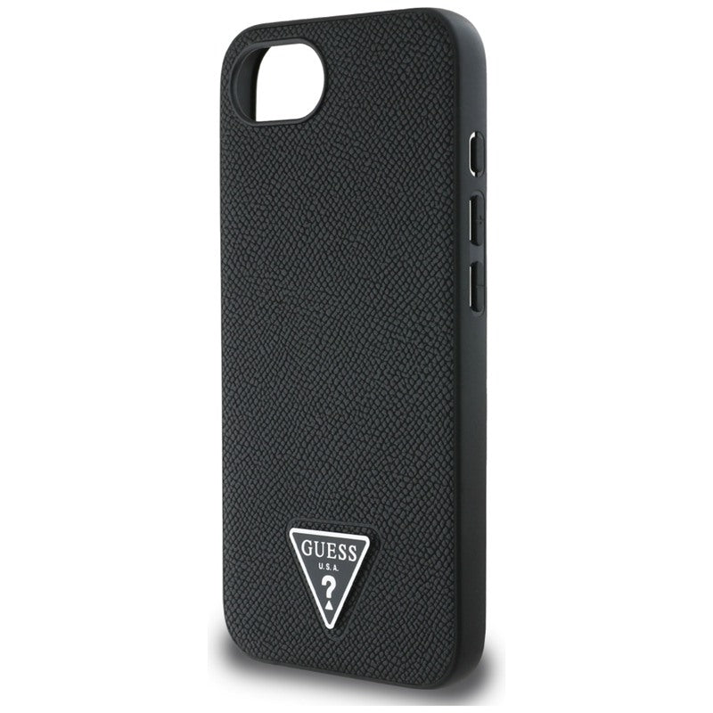 Guess Grained Triangle MagSafe - dėklas, skirtas iPhone 16e (juoda)