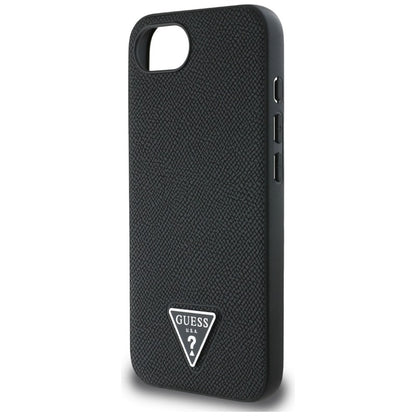 Guess Grained Triangle MagSafe - dėklas, skirtas iPhone 16e (juoda)