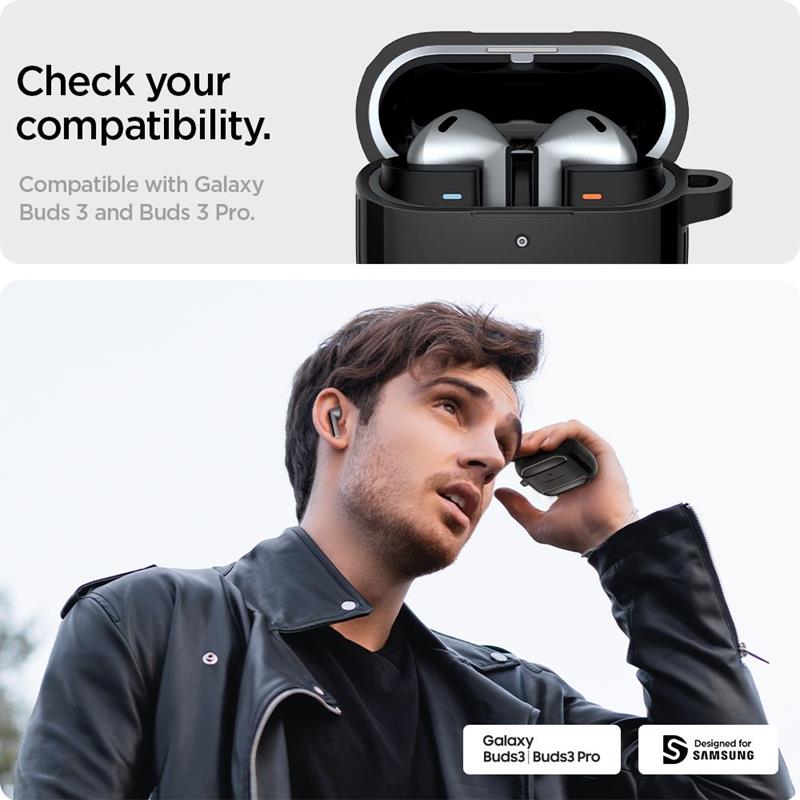 Spigen Rugged Armor dėklas, skirtas Samsung Galaxy Buds 3 / 3 FE / 3 Pro (Matinė juoda)