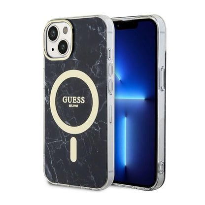 Guess Marble MagSafe – dėklas „iPhone 14“ (juodas)