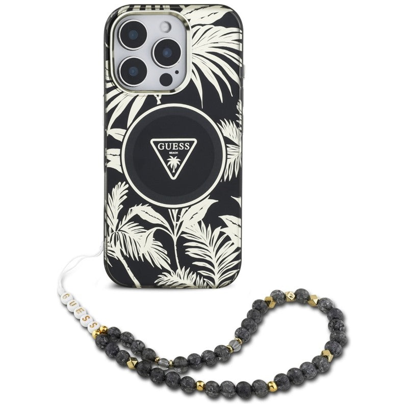 Guess Palm Trees Triangle Pearl Strap MagSafe – Dėklas iPhone 16 Pro Max (juodas)
