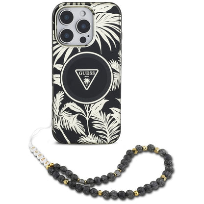 Guess Palm Trees Triangle Pearl Strap MagSafe – Dėklas iPhone 16 Pro Max (juodas)