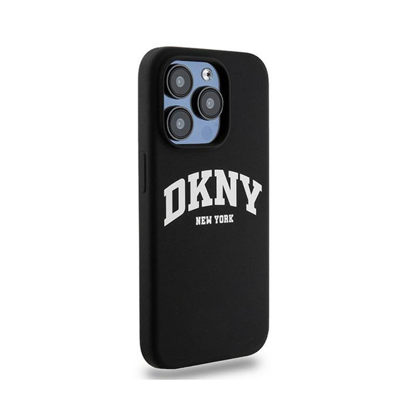 DKNY Liquid Silicone White Printed Logo MagSafe – dėklas skirtas iPhone 15 Pro (juodas)