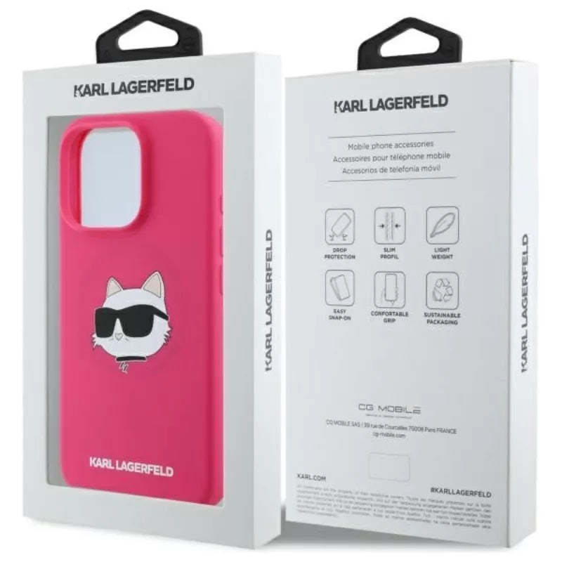 Karl Lagerfeld Silikoninis Choupette galvos atspaudas MagSafe - Dėklas iPhone 16 Pro (fuksijų spalvos)
