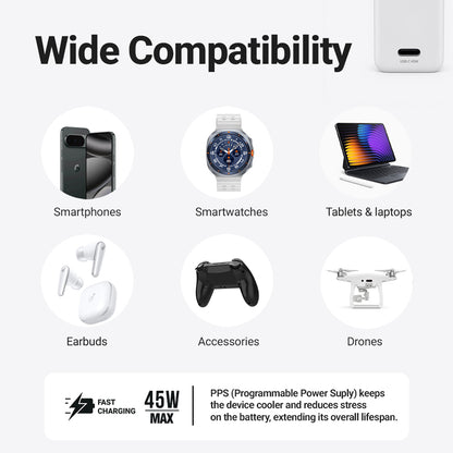 Crong Ultra Compact GaN - USB-C 45W PD 3.0 sieninis įkroviklis su PPS (baltas)