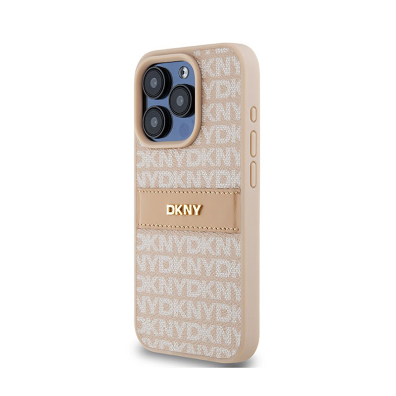 DKNY odos dėklas su vienspalve juostele ir metaliniu logotipu – iPhone 15 Pro (rožinis)