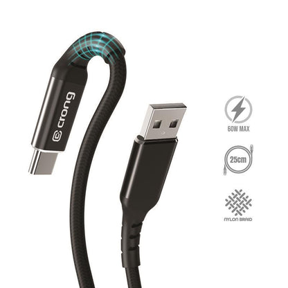 Crong Armor Link – USB-A į USB-C 60W 3A pinta Power Delivery greito įkrovimo kabelis 25cm (juodas)