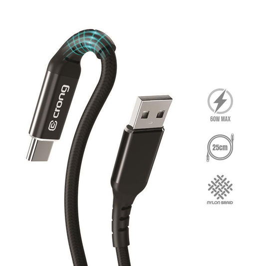 Crong Armor Link – USB-A į USB-C 60W 3A pinta Power Delivery greito įkrovimo kabelis 25cm (juodas)
