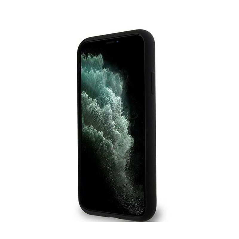 DKNY Skysto silikono dėklas su baltu logotipu, MagSafe, skirtas iPhone 11 (juodas)