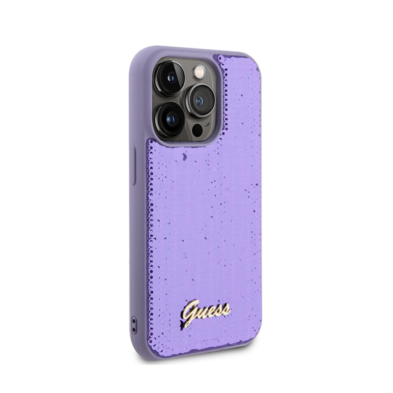 Guess Sequin Script Metal – dėklas, skirtas iPhone 15 Pro (violetinis)