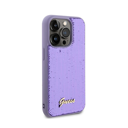 Guess Sequin Script Metal – dėklas, skirtas iPhone 15 Pro (violetinis)