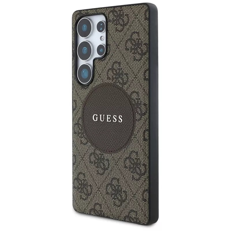 Guess 4G Round Patch Classic Logo MagSafe – Dėklas Samsung Galaxy S25 Ultra (rudas)