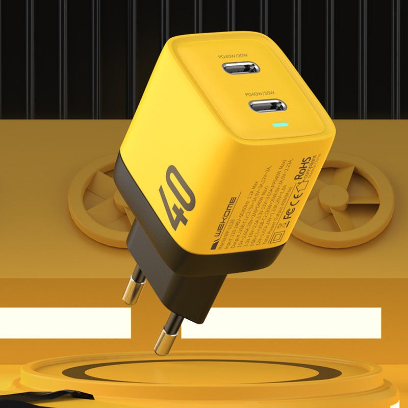 WEKOME WP-U128 – 2x USB-C „Super Fast Charge GaN“ 40W tinklo įkroviklis (geltonas)