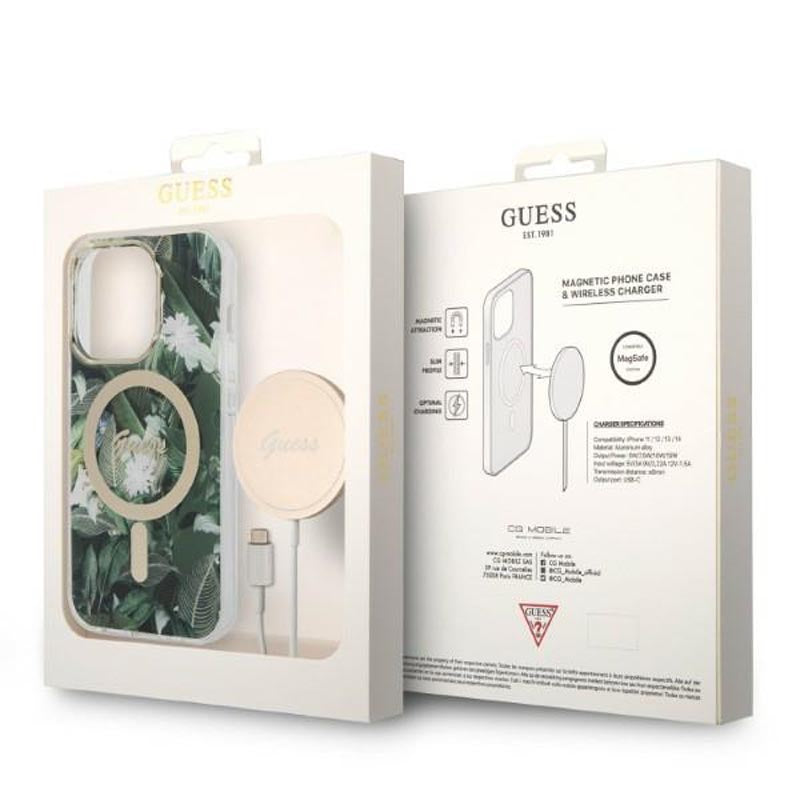 Guess Bundle Pack MagSafe IML Jungle – Apsauginis dėklas iPhone 14 Pro Max + MagSafe įkroviklis (Chaki/Auksinis)