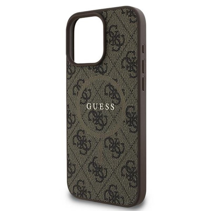 Guess 4G žiedas klasikinis logotipas MagSafe – dėklas skirtas iPhone 16 Pro (rudas)