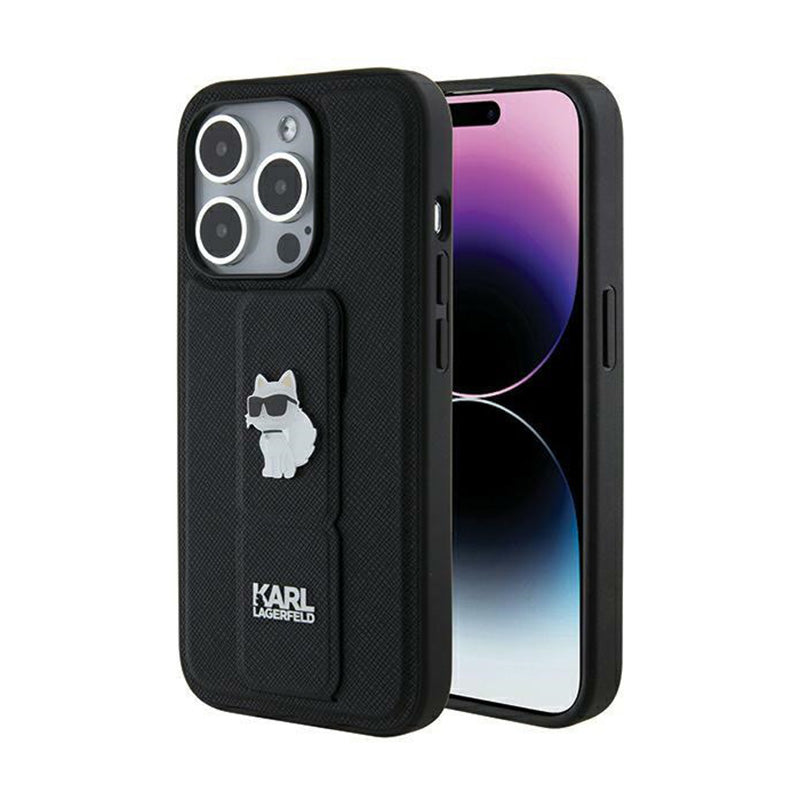 Karl Lagerfeld Gripstand Saffiano Choupette Pins - iPhone 14 Pro Max dėklas (juodas)
