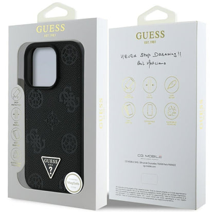 Guess Grained Hot Stamp Peony Triangle Logo MagSafe – dėklas, skirtas iPhone 16 Pro Max (juodas)