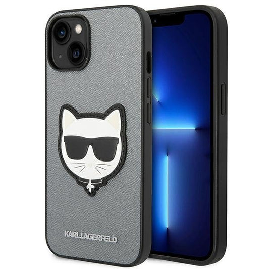 Karl Lagerfeld Saffiano Choupette Head Patch dėklas – dėklas, skirtas iPhone 14 Plus (sidabrinis)